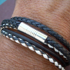 Braided Leather Wrap Bracelet With Stainless Steel Magnetic Clasp Black and White Two Toned Bracelet