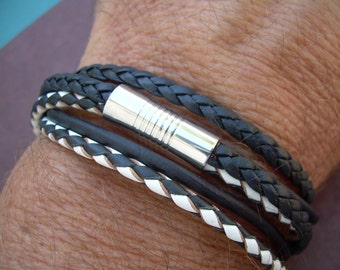 Braided Leather Wrap Bracelet With Stainless Steel Magnetic Clasp Black and White Two Toned Bracelet