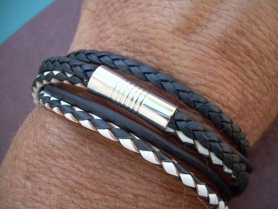 Mens Bracelet Black and White Leather Bracelet Mens Leather 