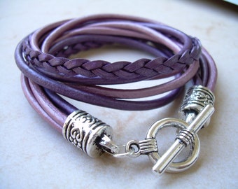 Bracelet tour de cou en cuir violet : fermoir à bascule en argent, fait main aux États-Unis