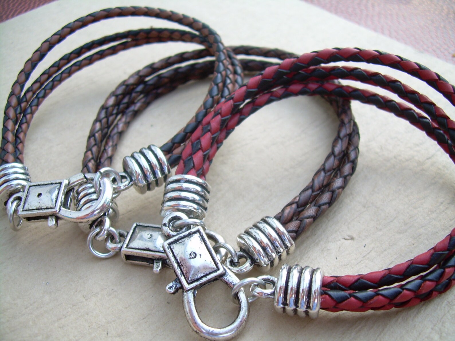 Mens Leather Bracelet Braided Leather Bracelet Triple Etsy