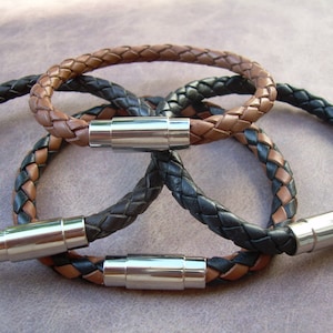 Simple Braided Leather Bracelet,  Stainless Steel Magnetic Clasp, Groomsmen Gift, Custom Sized, 5mm Cord, Handmade in USA, Top Quality
