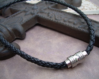 Men's Necklaces, Mens Leather Necklace, Black Braided Leather Necklace, Stainless Steel, Magnetic Clasp,