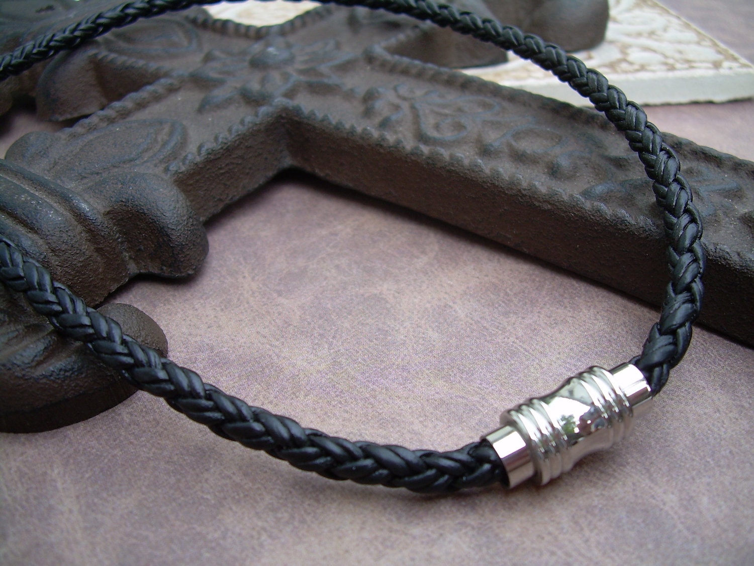 Mens braided leather best sale necklace