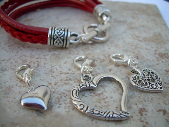 Beautiful women's handmade red leather bracelet with metal heart shaped  charm