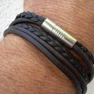 Braided Black Leather Wrap Bracelet: Stainless Steel Clasp