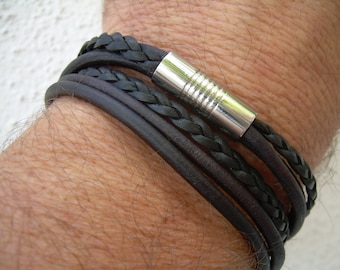 Leather Wrap Bracelet, Mens Leather Bracelet, Mens Wrap Bracelet, Black Leather Bracelet, Braided Leather Bracelet,