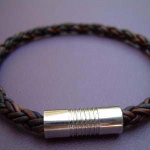 Brown Braided Leather Bracelet: Mens Stainless Steel Magnetic Clasp