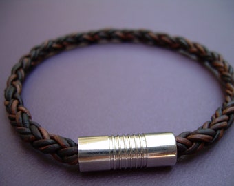 Mens Leather Bracelet, Mens Braided Leather Bracelet, Simple Brown Braided Leather Bracelet with Stainless Steel Magnetic Clasp,