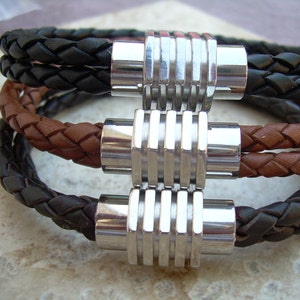 Mens Braided Leather Bracelet, Double Strand Leather Bracelets,  Multi Strand Bracelet, Magnetic Clasp Bracelet, Leather and Stainless Steel