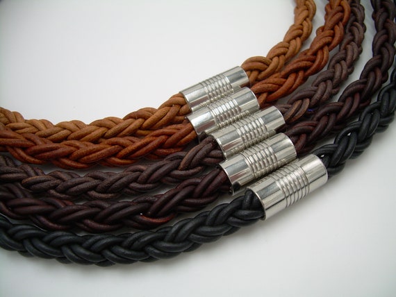 Genuine Leather Braided Rope Necklace Cord – Brown & Black, Sterling Silver Lobster Claw Closure
