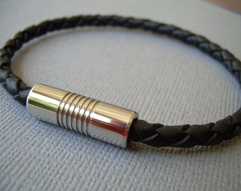Custom Sized Mens Black Braided Leather Bracelet: Stainless Steel Magnetic Clasp