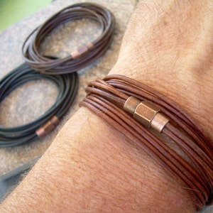 Triple Wrap Leather Bracelet with Copper Toned Brass Magnetic Clasp, Mens Wrap Bracelet, Womens Leather Bracelet