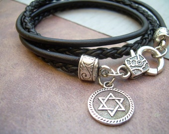 Black Leather Star of David Bracelet,  Womens Star of David Bracelet,  Womens Leather Bracelet, Religious Gift,  Jewish Gift, Judaica Gift