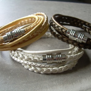 Womens Leather  Bracelet Double Wrap Multi Strand with Stainless Steel Magnetic Clasp