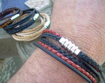 Mens Bracelets Leather, Mens Leather Bracelet, Multi Strand Braided and Smooth Double Wrap Leather Bracelet with Magnetic Clasp