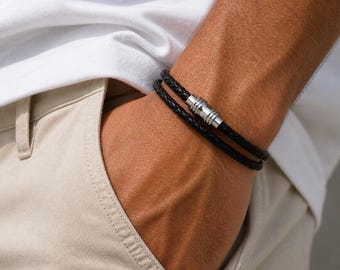 Black Braided Leather Double Wrap Bracelet: Stainless Steel Clasp, 5mm Cord