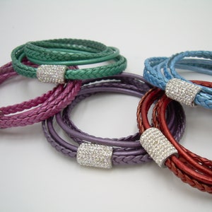 Leather Bracelets for Women, Purple Leather Bracelet, Rhinestone Bracelet, Double Wrap Bracelet, Pink Bracelet, Magnetic Clasp Bracelet,