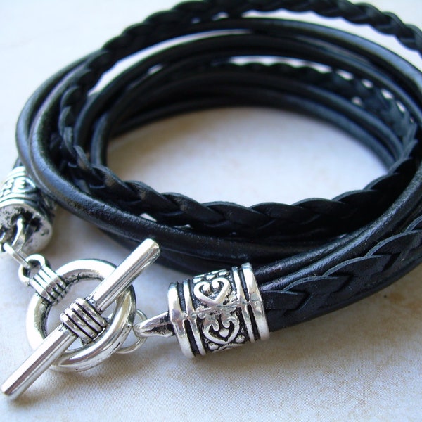 Womens Bracelet, Black Leather Wrap Bracelet, Braided Black Bracelet, Womens Wrap Bracelets , Bracelets for Women