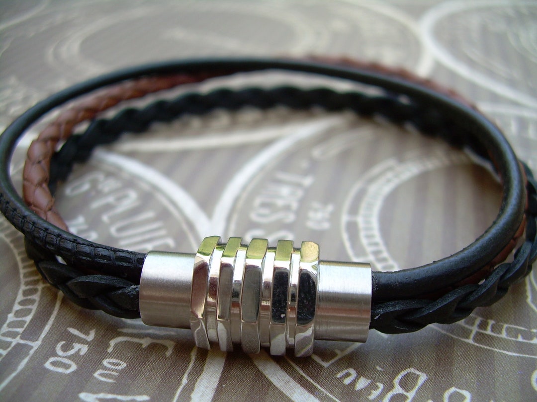 Braccialetto Cuoio Braccialetto Uomo Pelle Intrecciata Marrone - Chiusura Magnetica In Acciaio Braccialetto Cuoio Chiusura Magnetica - Foto 2