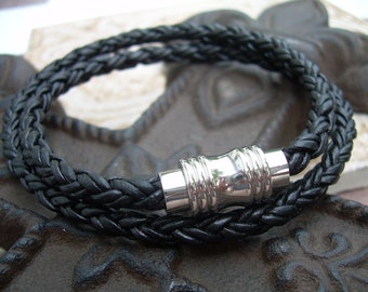 Black Braided Leather Bracelet, Mens Leather Bracelet, Mens Bracelets Leather, Mens Wrap Bracelet,  Magnetic Clasp Bracelet,