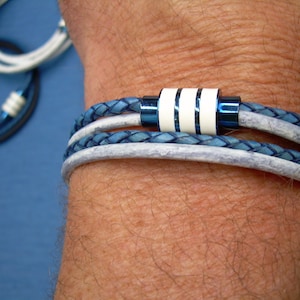 Double Wrap Leather Bracelet: Blue Stainless Steel Magnetic Clasp