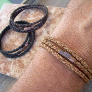 Mens Bracelet,  Leather Bracelets for Men, Leather Bracelet with Copper toned Brass Magnetic Clasp,  Braided Leather Bracelet