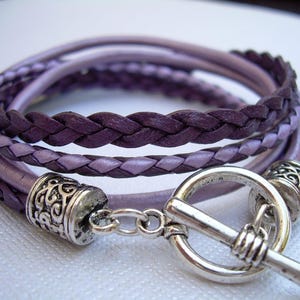 Purple Leather Double Wrap Bracelet, Braided Cords with Silver Tone Toggle Clasp