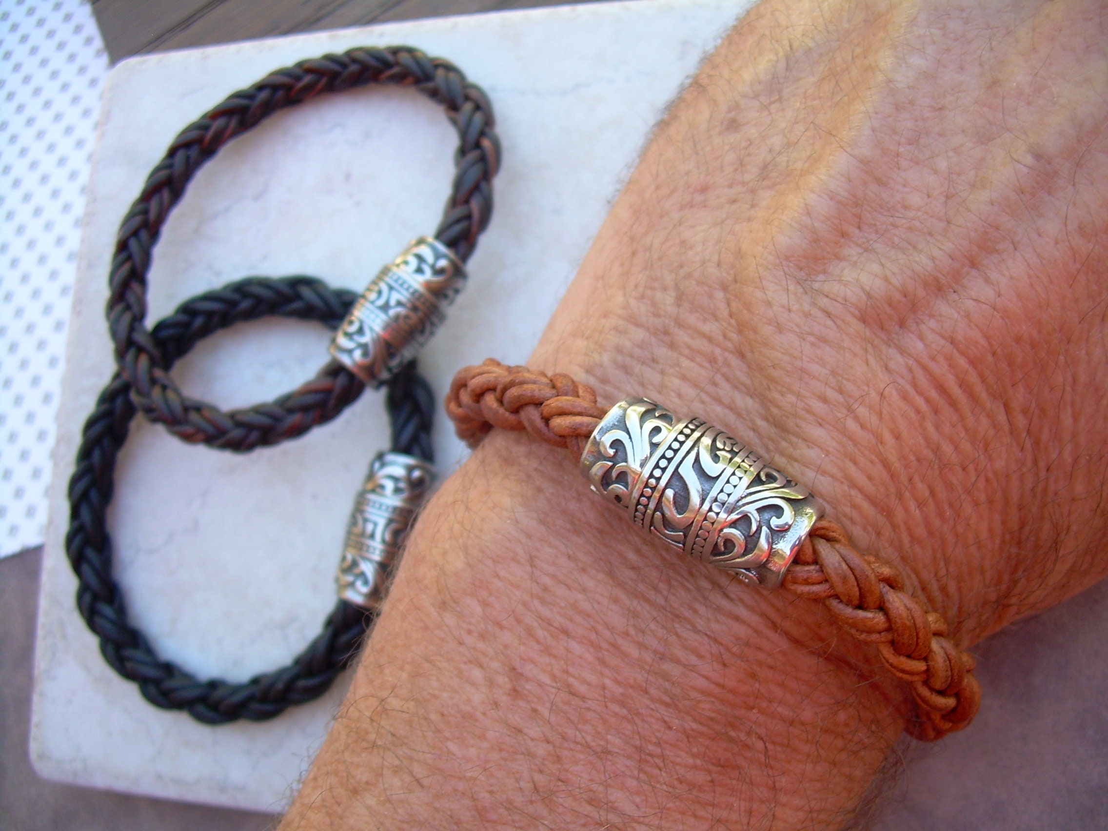 Eigso Braided Leather Bracelets Set For Men & Women – Adjustable Cuff Bracelets With Beads (6-10 Pcs)
