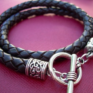 Black Leather Wrap Bracelet, Double Wrap Bracelet, Mens Toggle Clasp Bracelet, Black Braided Bracelet, Multi Wrap, Casual Bracelet