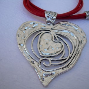 Red Leather Cord Heart Necklace: Antiqued Silver Statement Pendant