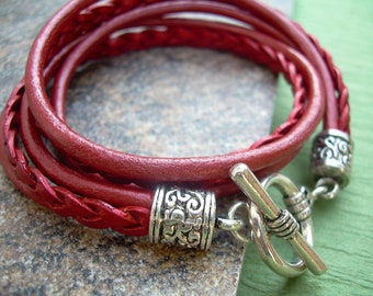 Womens Leather Bracelet, Red  Double Wrap Braided Chunky Leather Bracelet with Ornate Antiqued Silver Toned Caps and Toggle Clasp