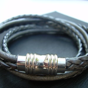 Leather Wrap Bracelet with Stainless Steel Magnetic Clasp, Double Wrap, Triple Strand, Metallic Gray/Silver, Womens Bracelet, Womens Jewelry