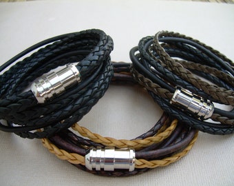 Men's Leather Bracelet: Stainless Steel Magnetic Clasp,  Multi Strand Layered  Design, Custom Sizing