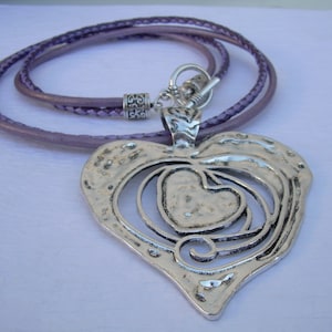 Large Heart Pendant Necklace: Braided Purple Leather Cord