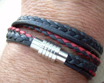 Men's Black & Red Leather Bracelet: Double Wrap, Stainless Steel Clasp