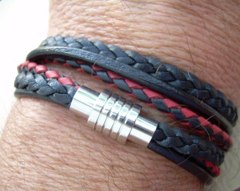 Double  Wrap Leather Bracelet, Magnetic Clasp bracelet, Mens Leather Bracelets, Mens Bracelet Leather, Black and Red Bracelet,