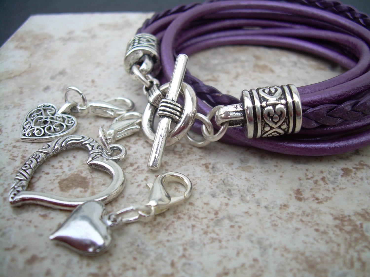 Heart Charm Bracelet, Leather Wrap Style, Purple Lovers Gift