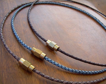 Thin Braided  Leather Necklace with Brass Magnetic Clasp, Mens Leather Necklace, Mens Braided Leather Necklace, Womens Leather Necklace