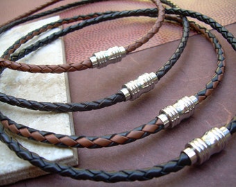 Collier en cuir tressé de 4 mm, collier en acier inoxydable et cuir, bijoux à fermoir magnétique, fabriqué à la main aux États-Unis, cadeau en cuir véritable,