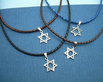 Star of David Pendant Necklace, Thin Leather Necklace,  Mens Leather Necklace, Womens Leather Necklace, Stainless Steel Pendant