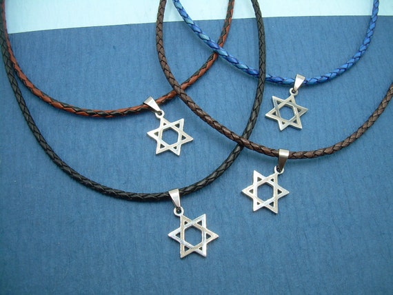Star of David Necklace: Braided Leather Choker, Stainless Steel Magnetic Clasp
