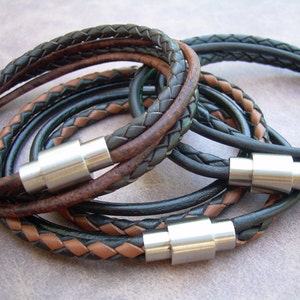 Multi Strand Leather Wrap Bracelet, Stainless Steel and Leather Bracelet, Leather Bracelet for Men, Double Wrap Bracelet, Leather Gift