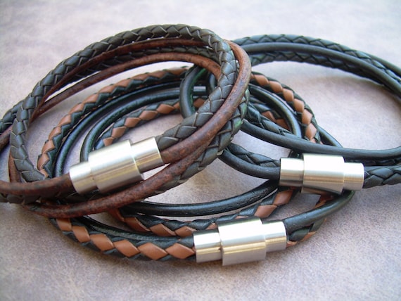 Bracciali in Pelle Intrecciata Bracciale con Chiusura Magnetica Multistrato Bracciali in Pelle Uomo Bracciale in Pelle Intrecciata Bracciale in Pelle Magnetica nero Regalo per Uomini Donne (Argento