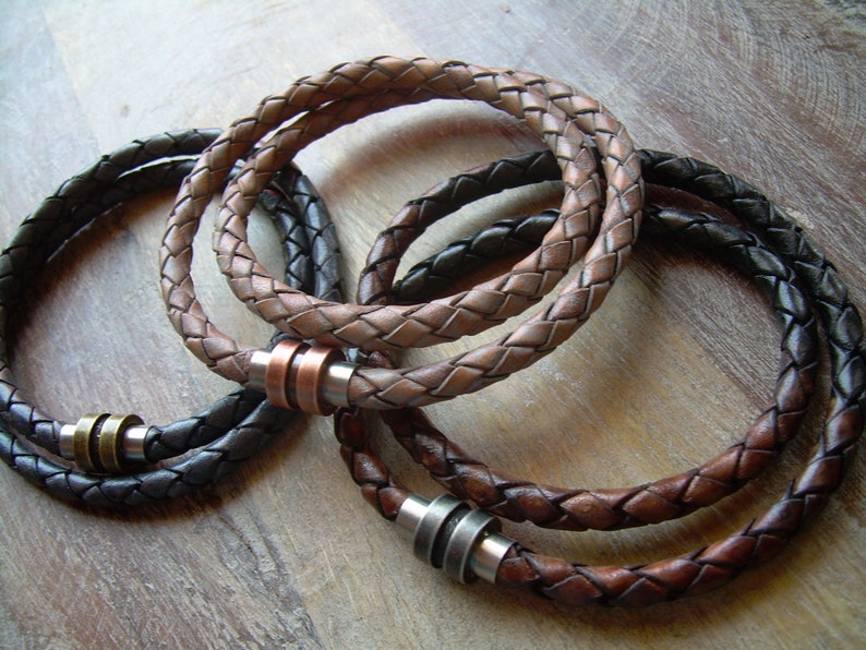 Mens Double Wrap Braided Leather Bracelet Bracelets Stainless Steel Magnetic Clasp Jewelry