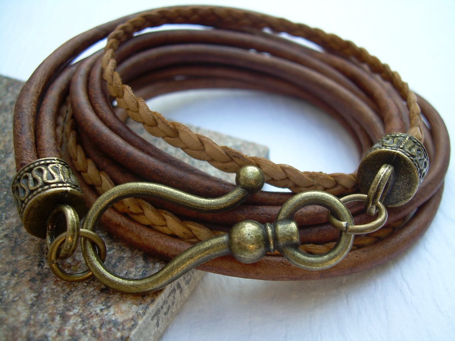 Thick Leather Wrap Bracelet, Hook Clasp Leather Bracelet, Men's Leather Bracelets, Women's Bracelets Leather, Antique Bronze,  r