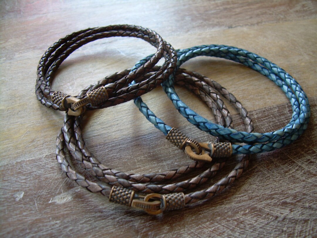 Thin Braided Leather Bracelet: Antique Copper Clasp, Triple Wrap