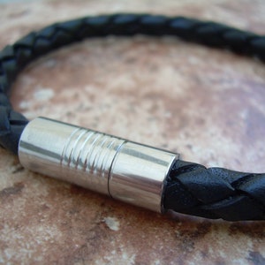 Men&#39;s Bracelet, Men&#39;s Leather Bracelet, Leather Wristband, Men&#39;s Black Braided Leather Bracelet, Stainless Steel Magnetic Clasp,