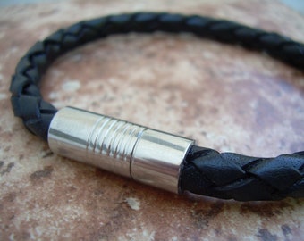 Men's Bracelet, Men's Leather Bracelet, Leather Wristband, Men's Black Braided Leather Bracelet, Stainless Steel Magnetic Clasp,