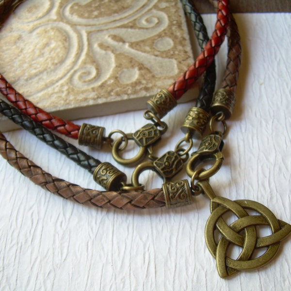 Triquetra Pendant Necklace, Braided Leather Choker, Red Leather Necklace, Celtic Necklace Handmade, Bronze Hardware Necklace